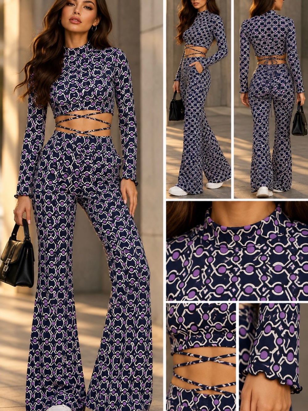 Zara Navy & Purple Geometric Boot‑Cut pant